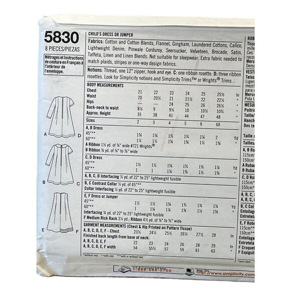 Simplicity Sewing Pattern 5830 Dress Jumper Girls Size 2-6X - Picture 2 of 2